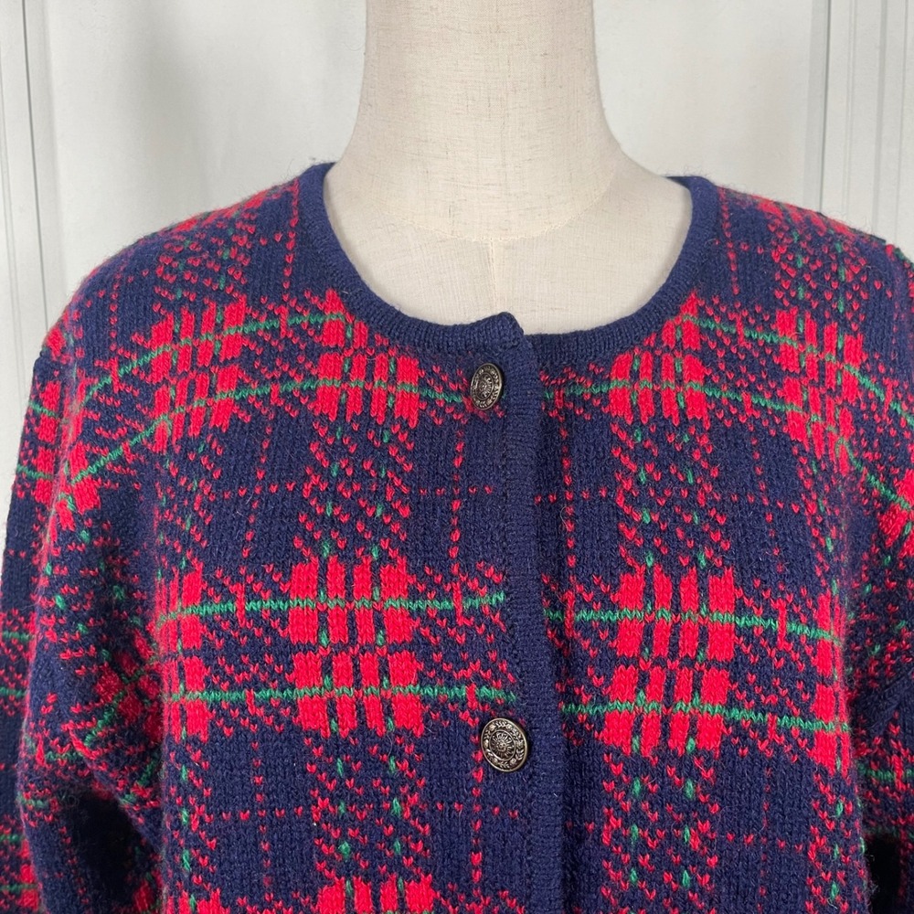 Vintage 90's Susan Bristol Wool Cardigan Sweater Plaid Knit Navy Red Green- L - Picture 2 of 16